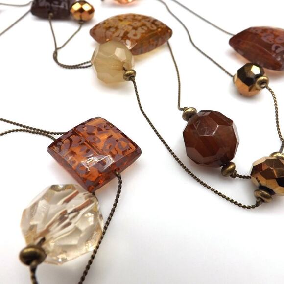 Brown Topaz Long Lucite Art Bead Necklace, 60" Length, Metal Chain - Picture 5 of 13